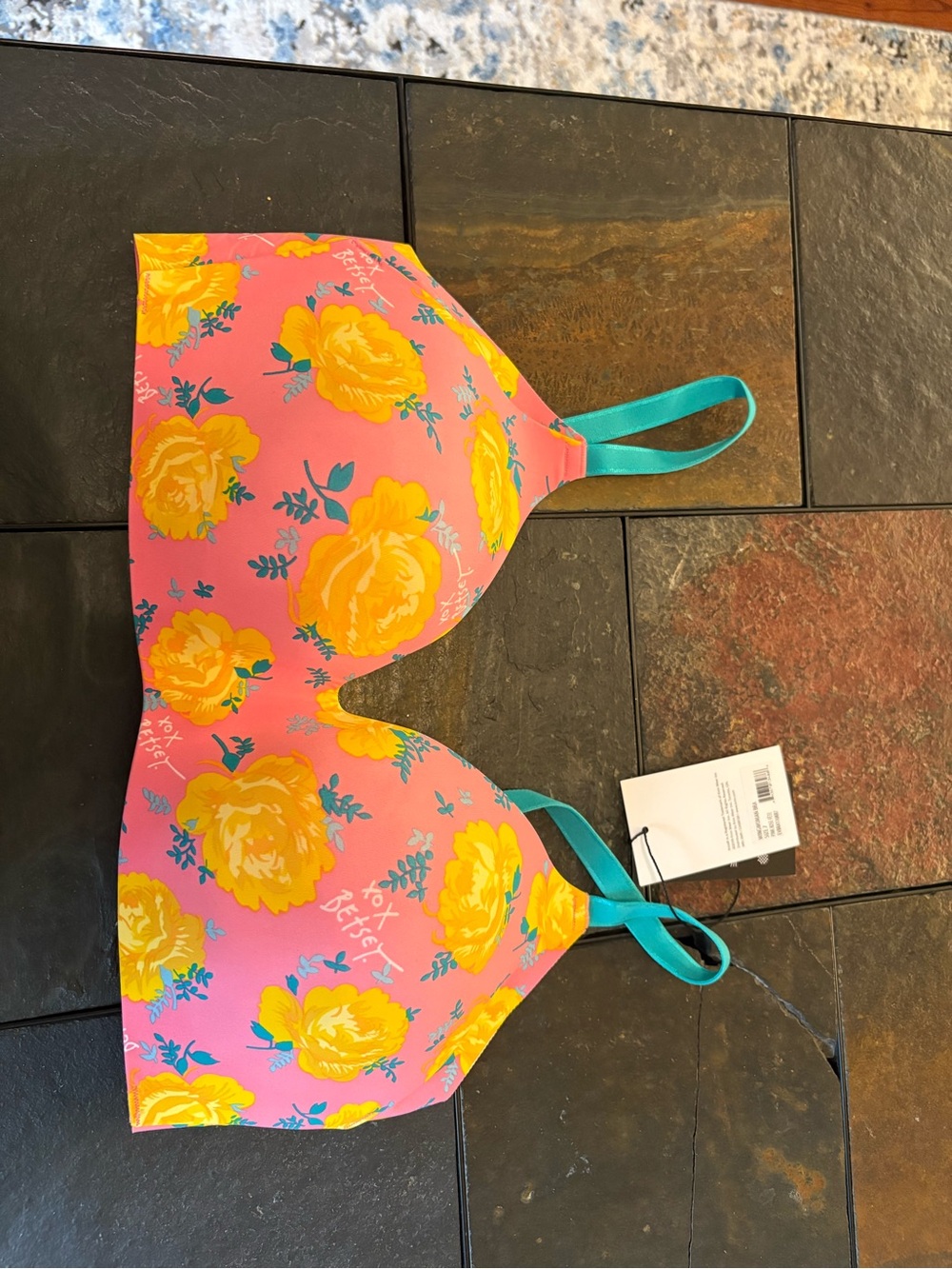 knix Pink Bra with Yellow Floral Print and Teal Straps